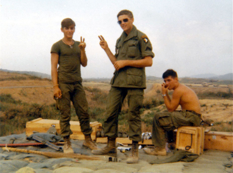 January 1969 - Firebase Birmingham - from left to right - Pfc Rich Cronin (NYC), next Sp/4 Ray Heinrich (Detroit) and Pfc Bill Donally (Washington). - January 1969 - Firebase Birmingham - from left to right - Pfc Rich Cronin (NYC), next Sp/4 Ray Heinrich (Detroit) and Pfc Bill Donally (Washington). ArtMarotto_03_FBBirmingham69_1.jpg